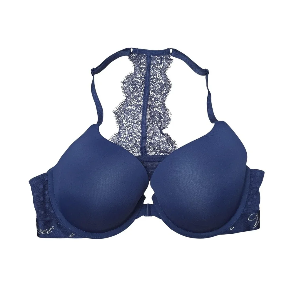 Victoria's Secret Bra Womens 36C Blue Push Up Lace Racerback Front Close